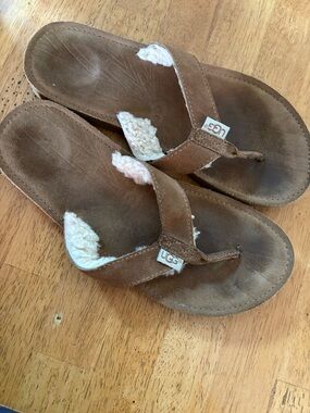 UGG Brown Shearling-Lined Flip Flop Sandals